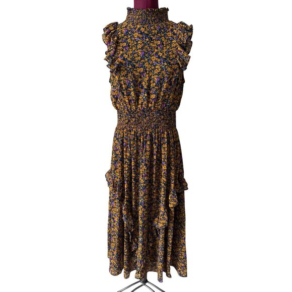 Lulus Midi Dress Evalina NEW Sleeveless Mustard Yellow Floral Print Mock Neck La - Picture 8 of 11